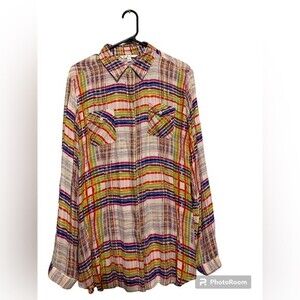 CAbi #797 Plaid Cirque Blouse Roll-Tab Sleeves Shirt - Size L